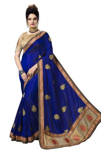 Red And Golden And Blue Fancy Embroidered Silk Saree Collection