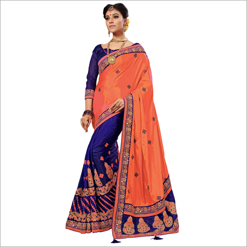 Embroidered Saree Collection K762 - Heavy Silk Fabric, 5.5 Mtr Length, Resam Embroidery with Brocade Blouse, Vibrant Orange and Blue Design, Perfect for Traditional Occasions