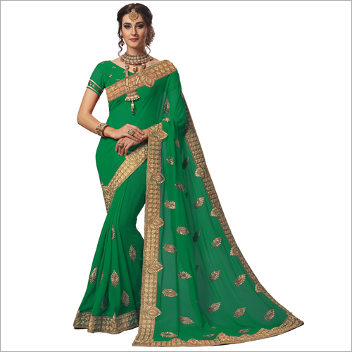 Green Geometric Embroidered Georgette Saree Collection