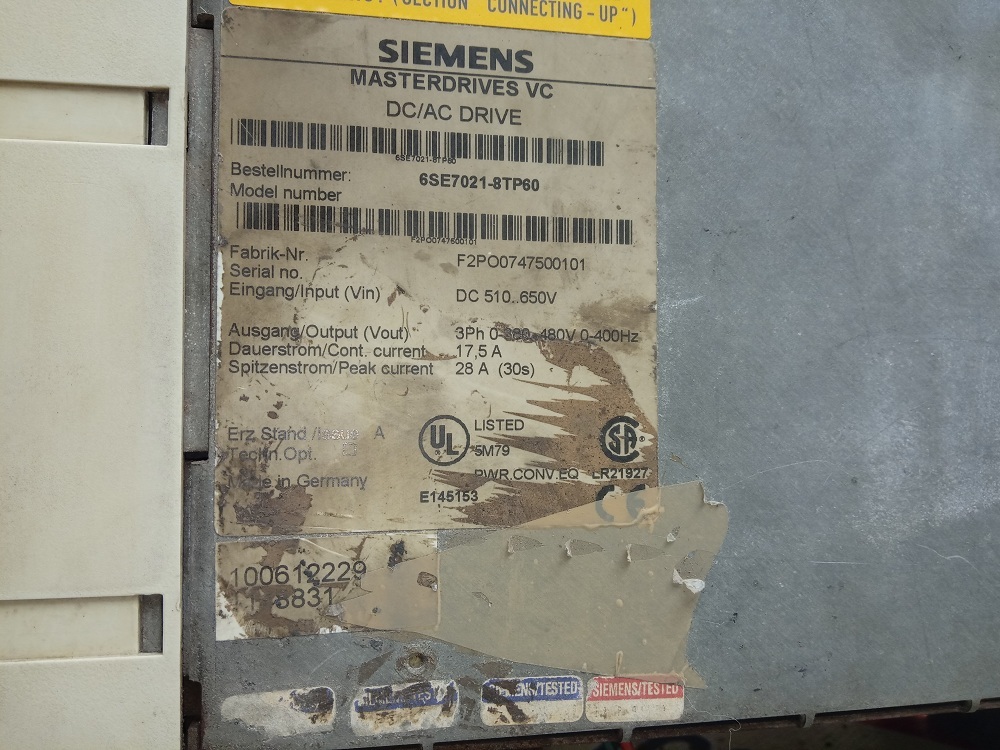 Siemens Masterdrives Vc Dc/ac Drive 6se7 021-8tp60