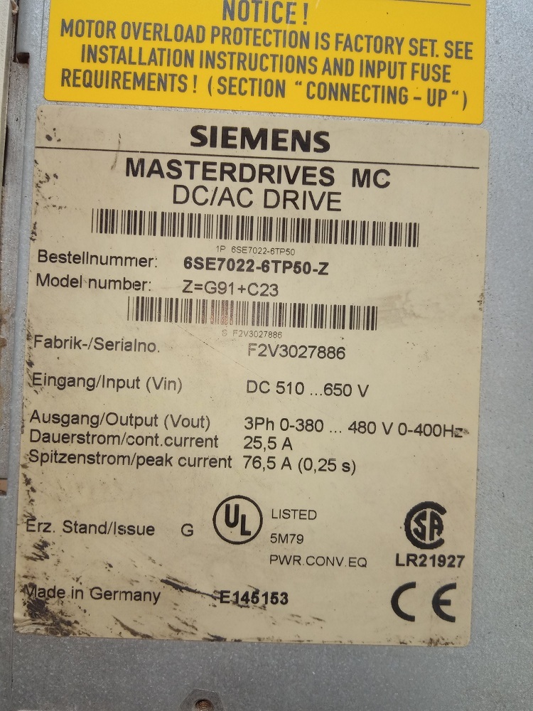 Siemens Masterdrives Mc Dc/ac Drive 6se7 022-6tp50-z