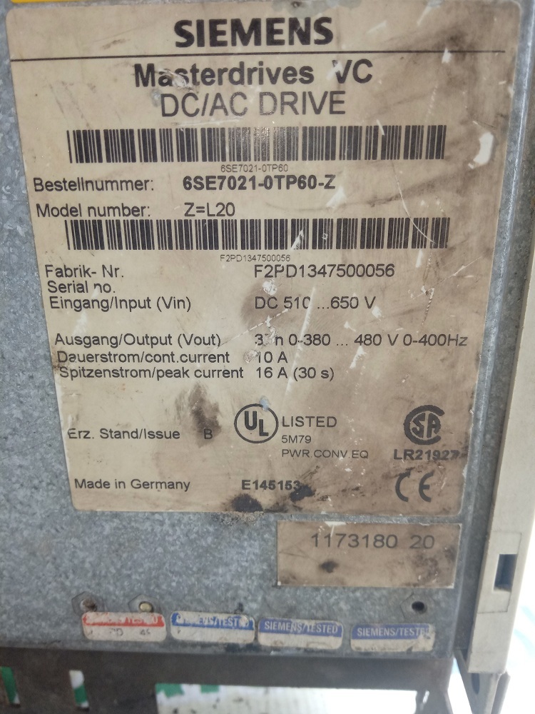 Siemens Masterdrives Mc Dc/ac Drive 6se7 021-0tp60-z