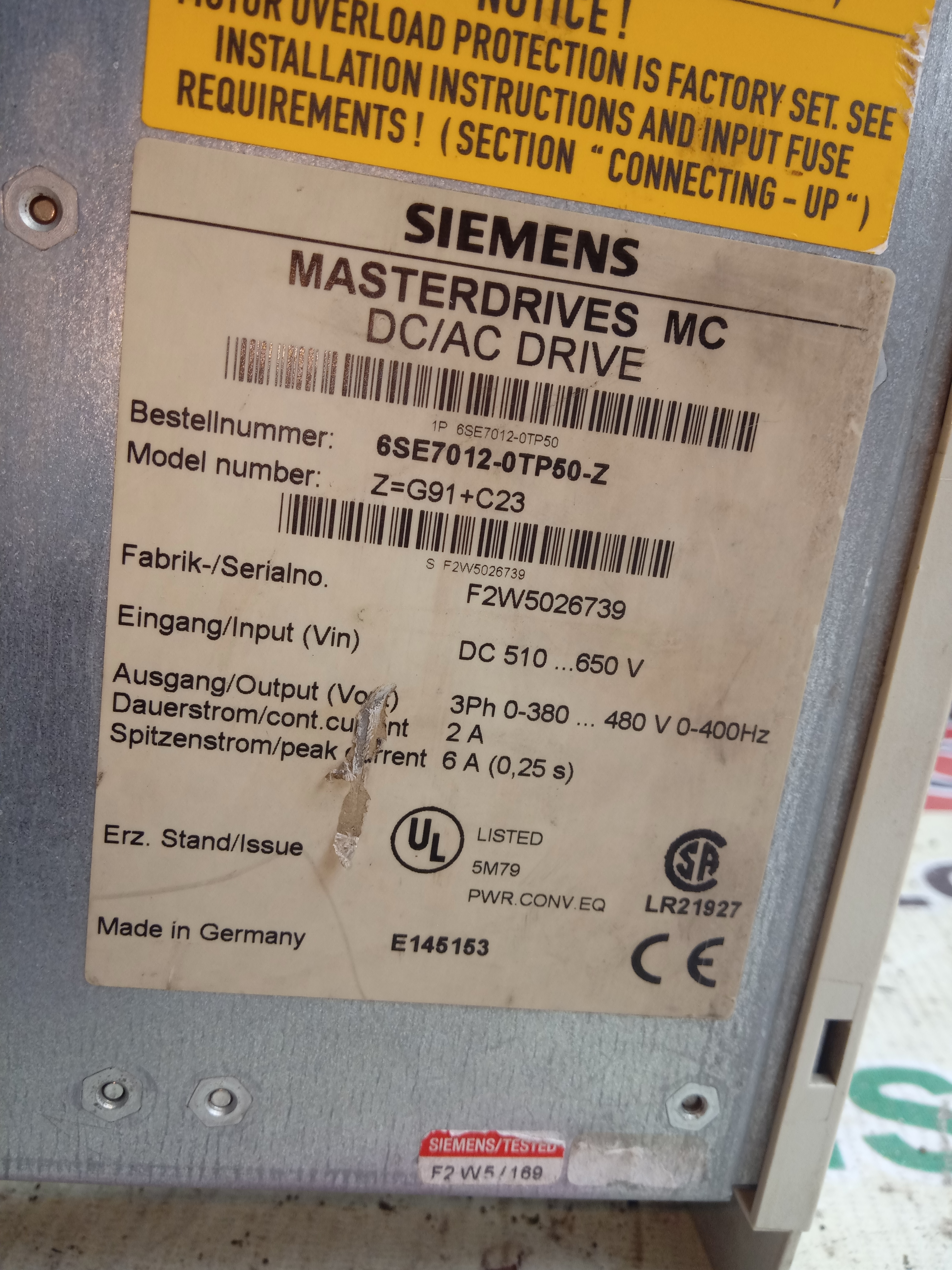 Siemens Masterdrives Mc Dc/ac Drive 6se7 021-0tp50-z