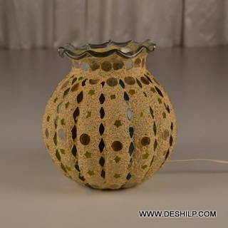 Mosaic Handmade Glass Table Lamp - Glass Material, 19x20 Cm Size, Golden And Red Color | Round Shape, Traditional Style, Polished Finish