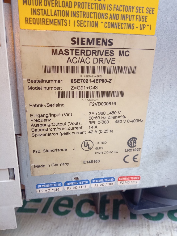 Siemens Masterdrives Mc Ac/ac Drive 6se7 021-4ep50-z