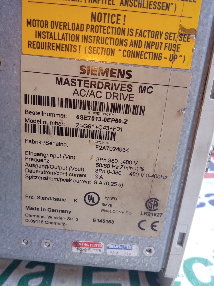 Siemens Masterdrives Mc Ac/ac Drive 6se7 013-0ep50-z