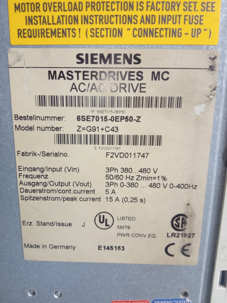 Siemens Masterdrives Mc Ac/ac Drive 6se7 015-0ep50-z
