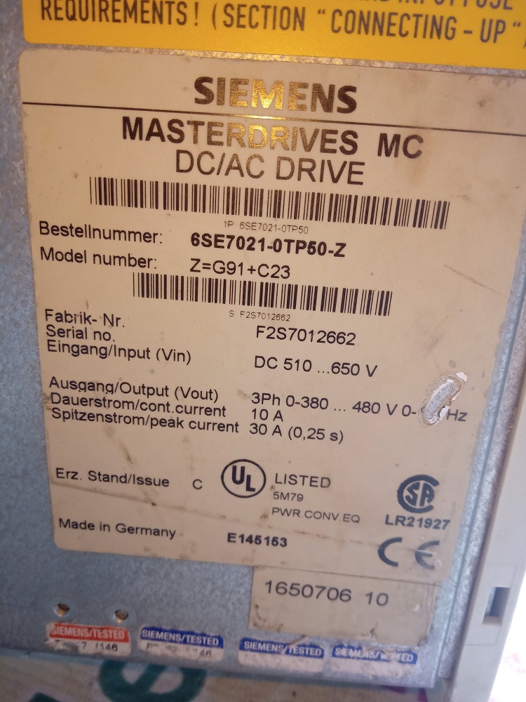 Siemens Masterdrives Mc Ac/ac Drive 6se7 021-0tp50-z