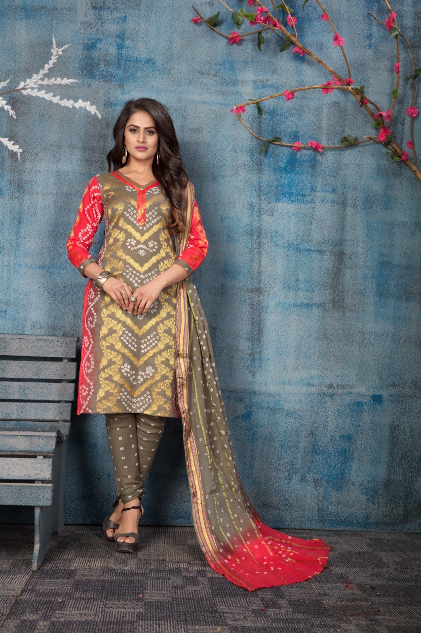 Fancy Bandhej Cotton Dress Material Bust Size: Bottom-2.10  Meter (M)