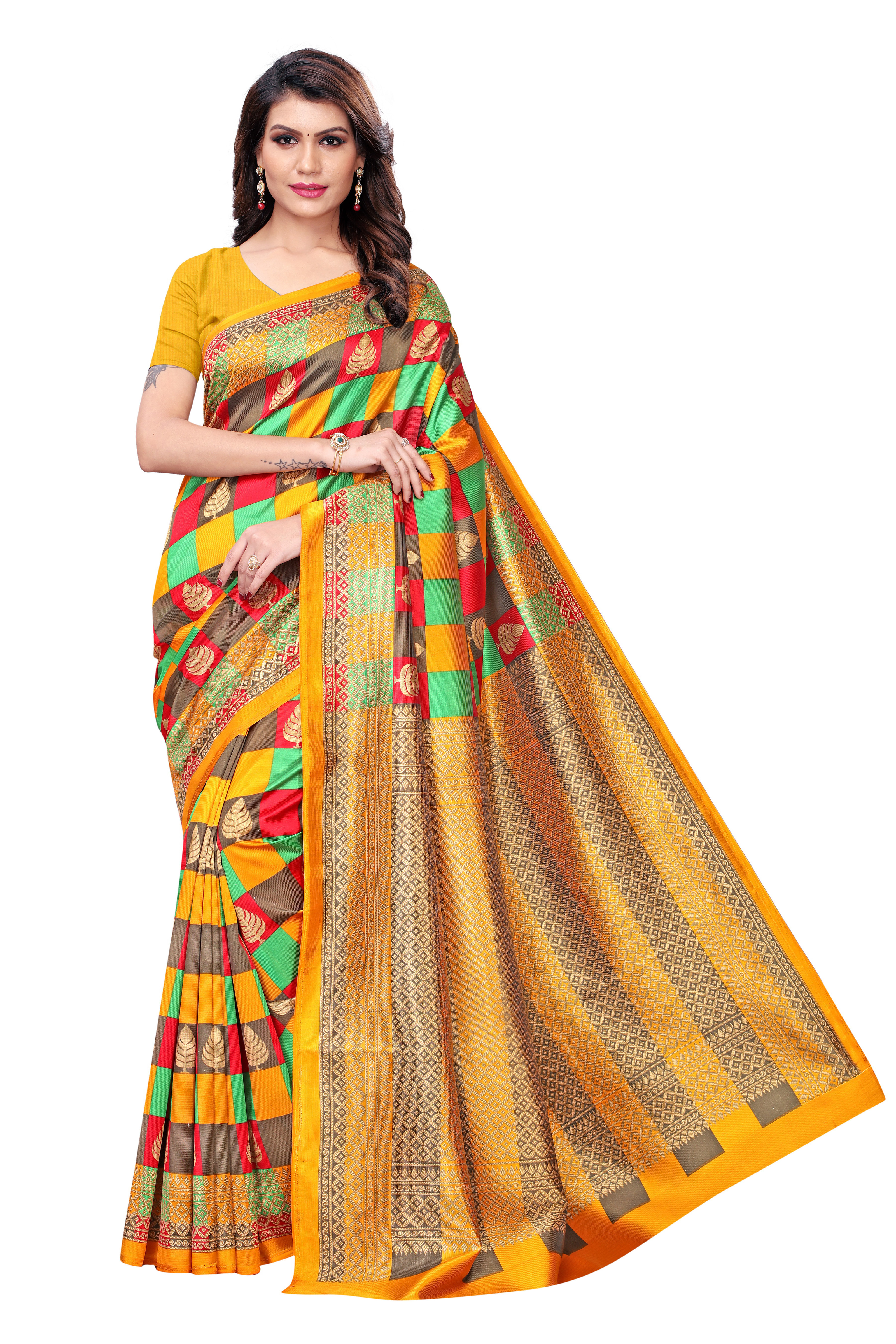 Mysore Silk Saree - Multicolor Printed, Kalamkari Design With Designer Pallu & Unstitched Blouse Piece
