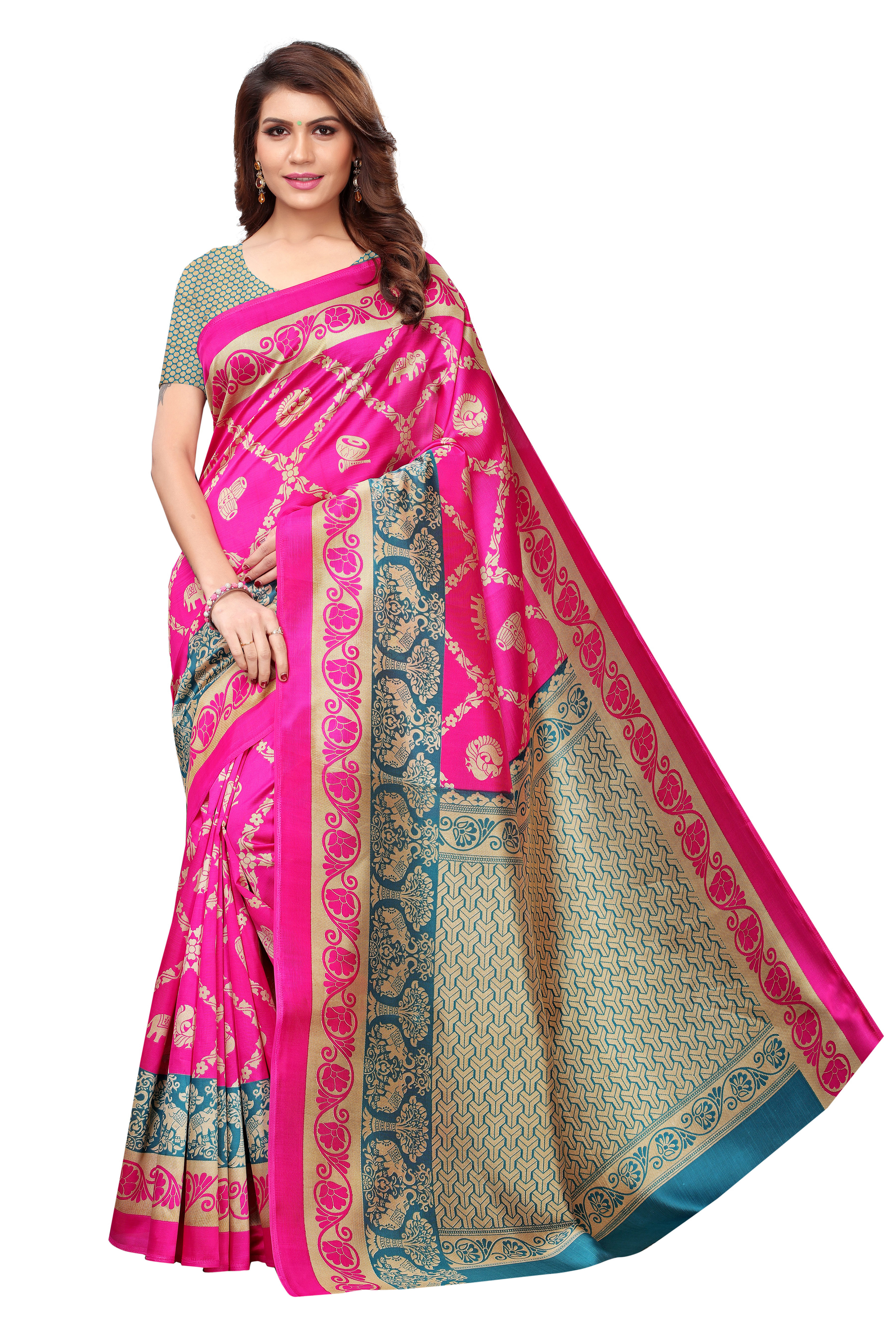 Mysore Silk Saree - Multicolor Printed, Kalamkari Design With Designer Pallu & Unstitched Blouse Piece