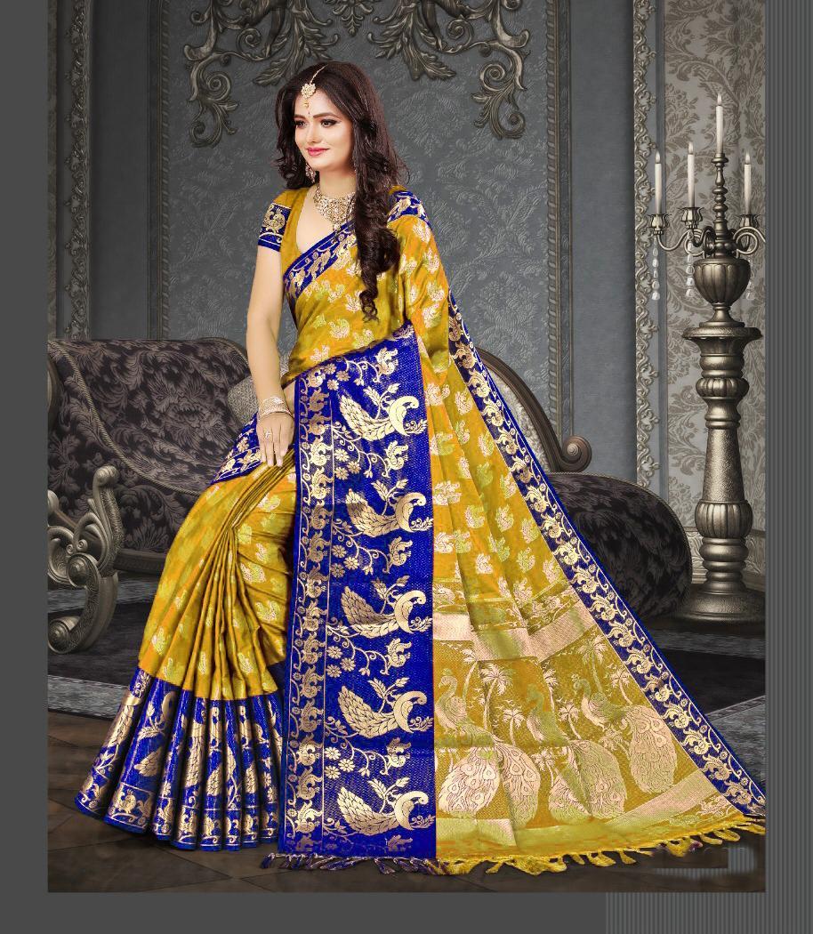 Mulit Golden Zari Rich Pallu Cotton Silk Saree With Jhalar (Tesslas)