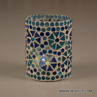 Polishing Blue Mosaic Colorful Glass Candle Holder