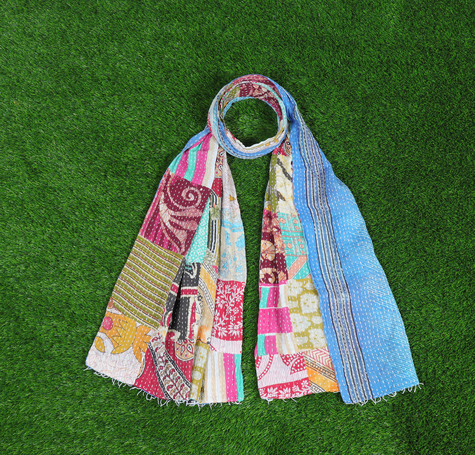 Vintage Patchwork Cotton Kantha Scarfs - 18x72 & 30x80 Inch | Multicolor, Ethnic Dress Type, Handmade, Medium Length, Lightweight At 2.250 Grams