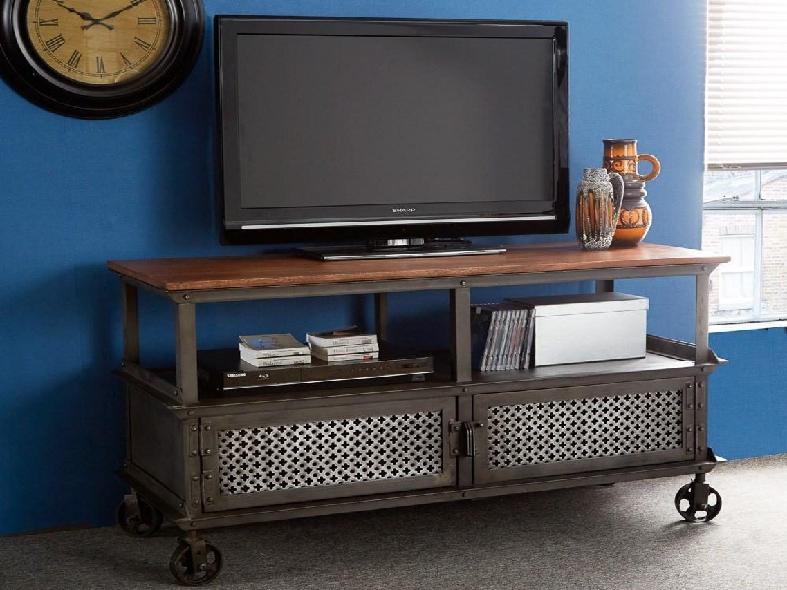 Small Cart Tv Unit - Wood And Wrought Iron, 120w X 50d X 65h Cm, Handmade Artwork, European Design, Indoor Living Room Furniture, 6-month Warranty