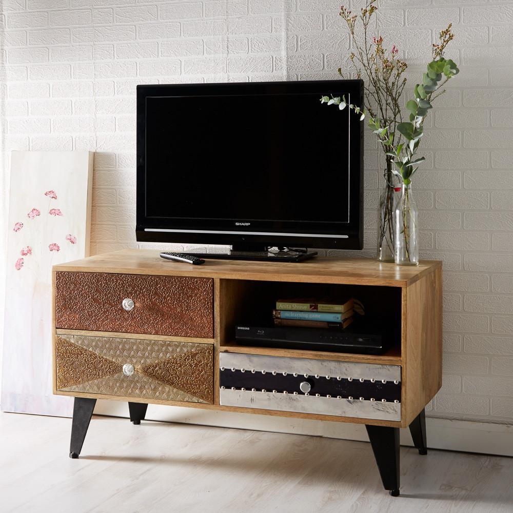 Small Media Unit - Wood & Wrought Iron, 85x45x55 Cm , Antique Handmade European Design For Living Room