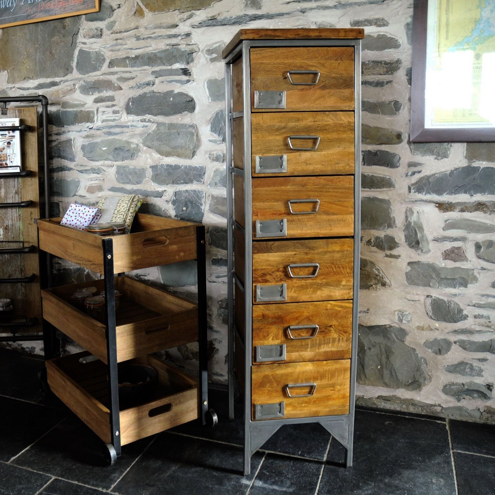 Long Chest Drawer - Wood & Wrought Iron, 40w X 40d X 140h Cm, Handmade Antique European Design, Indoor Living Room Furniture With 6 Month Warranty