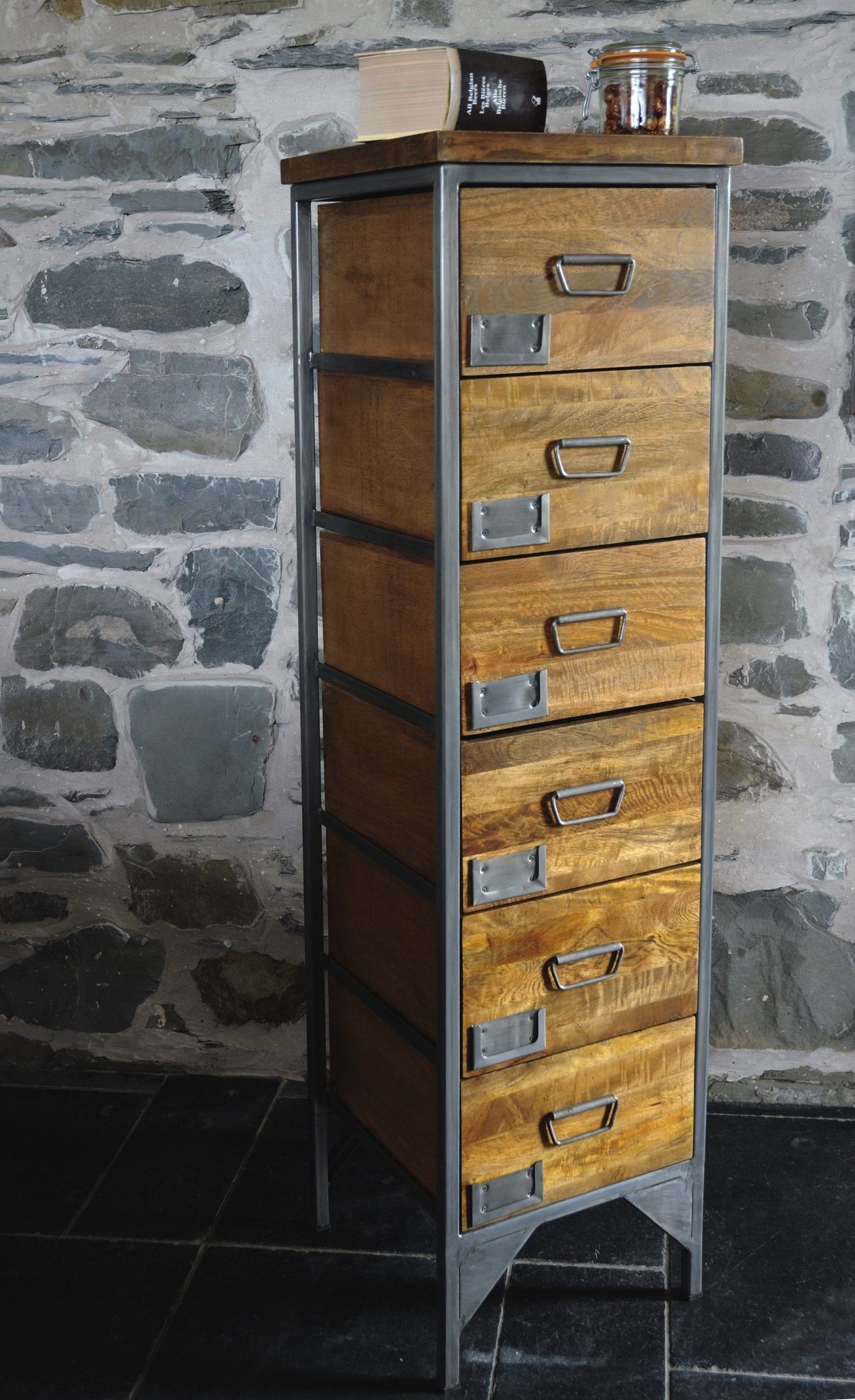 Long Chest Drawer - Wood & Wrought Iron, 40w X 40d X 140h Cm, Handmade Antique European Design, Indoor Living Room Furniture With 6 Month Warranty