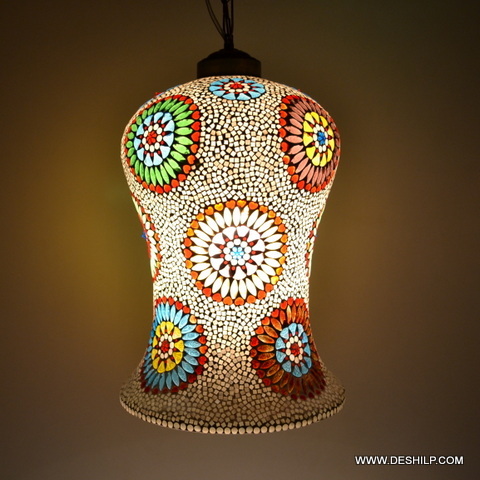 सफेद और बहुरंगा मल्टी मोज़ेक ग्लास वॉल हैंगिंग लैंप