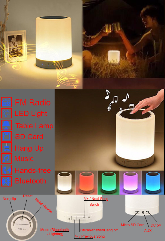 Touch Led Lamp Speaker - Smart Sensor Technology, 1200 Mah Battery, Bluetooth & Aux Support | Compact, Portable, Multi-color Wireless Sound Experience