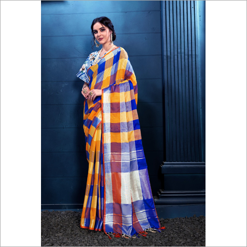Ladies Cotton Check Saree - Silk Material, Multicolored Design | Narrow Embroidered Borders, Bollywood Style, Elegant Checked Pattern