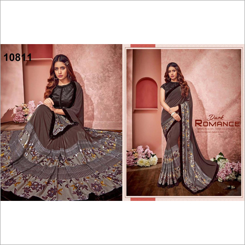 Ladies Grey Saree - Silk Material, Bollywood Style, Multicolored Printed Design | Smooth Finish, Alluring Patterns, Thread Work, Lace Closure