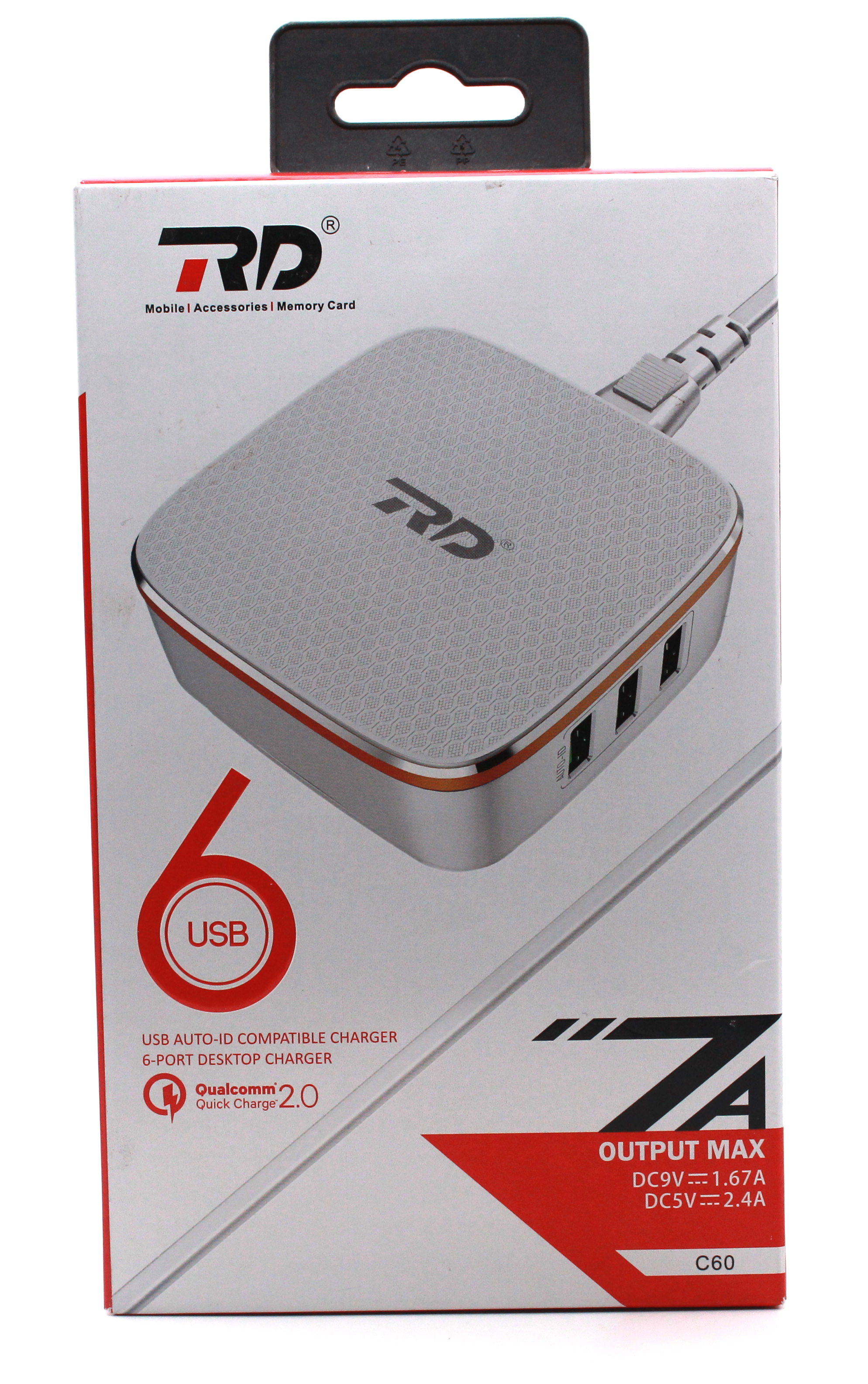 Mobile Charger - Plastic, 70x70x30 Mm, White | 60w Output, 6 Usb Ports, Fast Charging, Compact Design