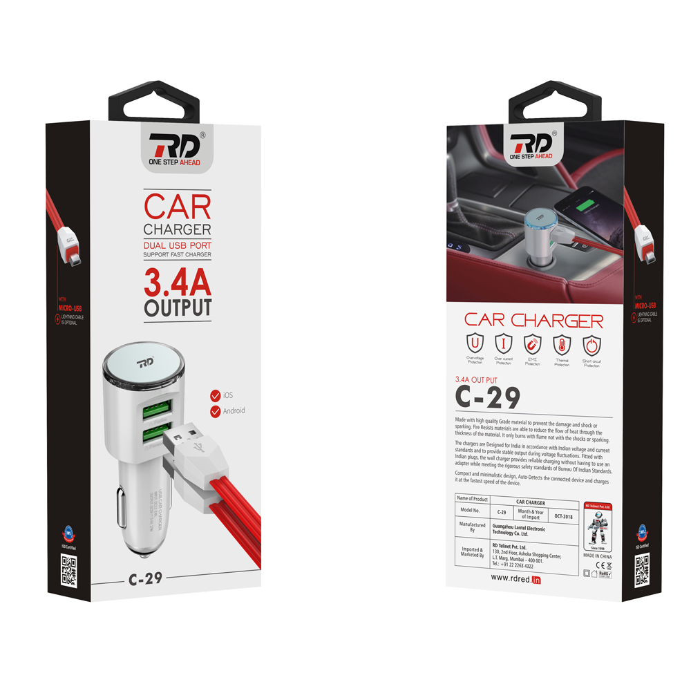 Car Charger - Abs Plastic, 50x30x30 Mm , White - Dual Usb Ports, 36w Output Power, 12-24v Input Voltage, Ce, Fcc, Rohs Certified