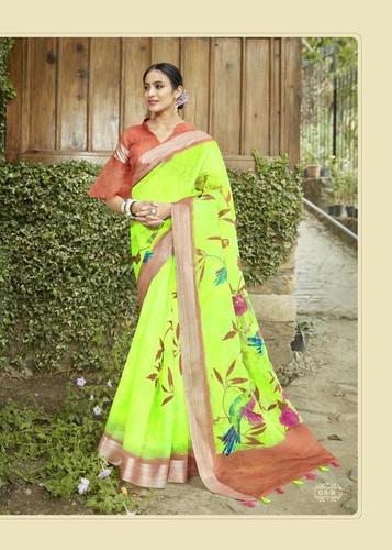 PRINTED Saree - Cotton Silk, 12 Pcs Set, Multicolored Organza Fabric | Suitable for All Seasons: Rainy, Spring, Summer, Winter