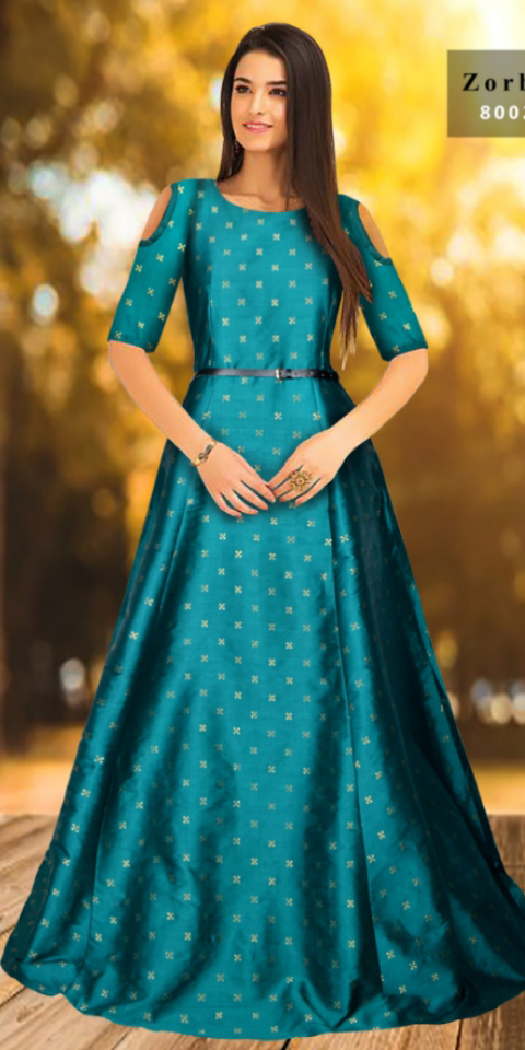 Red Blue Sky Green Jamli Ladies Designer Gown