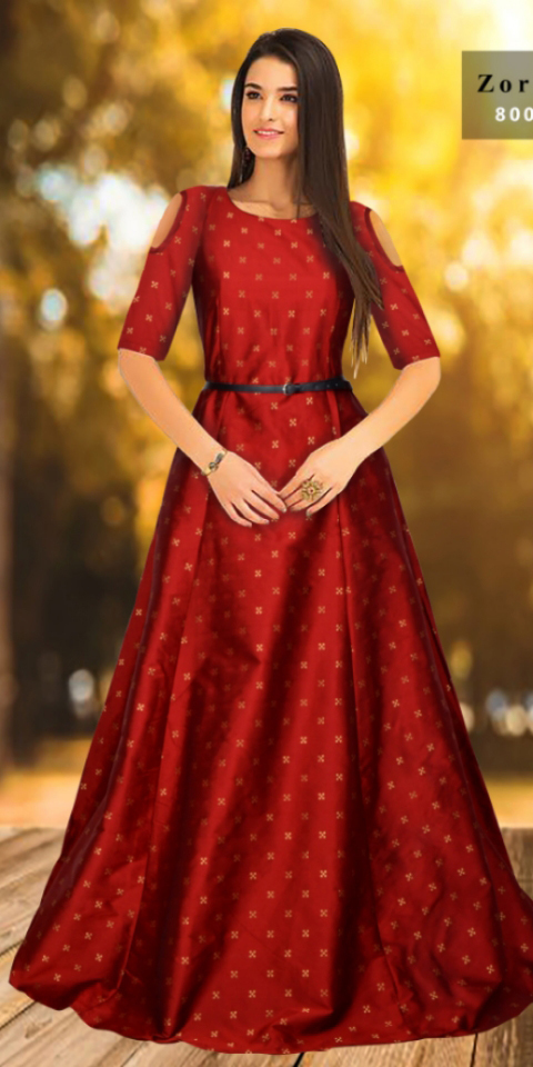 Red Blue Sky Green Jamli Ladies Designer Gown