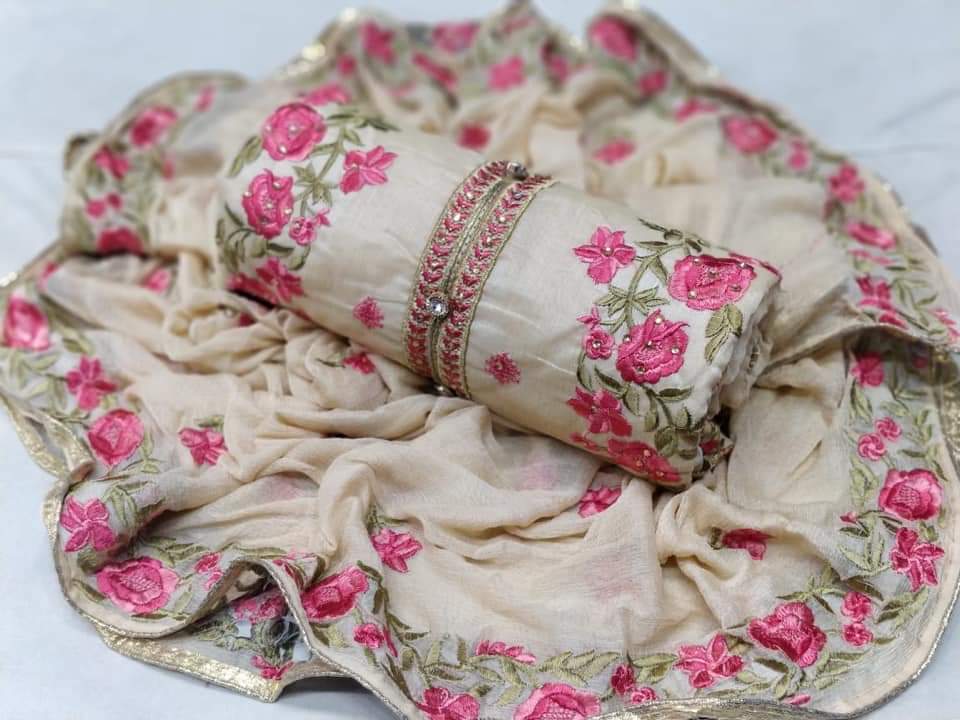 Exclusive Chanderi & Santoon Dress Material - 2.20m Top, 3.8m Bottom, 2m Embroidered Najmin Dupatta | Multicolored, Formal Style, All-season Comfort, Free Size Up To 44