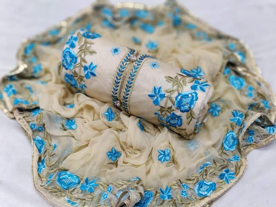 Exclusive Chanderi & Santoon Dress Material - 2.20m Top, 3.8m Bottom, 2m Embroidered Najmin Dupatta | Multicolored, Formal Style, All-season Comfort, Free Size Up To 44
