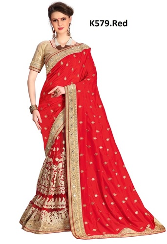 Red Traditional Embroidered Dupion Silk Saree