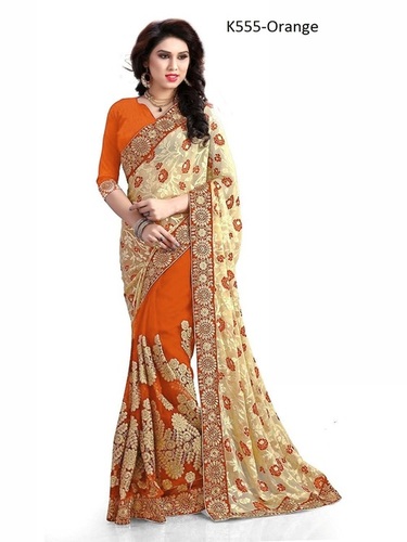 Orange Designer Embroidery Saree