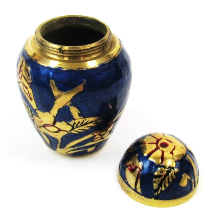 Brass Keepsake Blue Urn Set - Brass, 4x3 Inches, Blue | Hand-polished, Embossed Golden Flowers, Velvet-lined Wooden Box