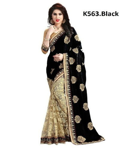 Georgette & Rasal Net Embroidery Saree - 5.5 Mtrs Length, Black & Blue Options | Festive Occasion, Bollywood Style, Stone Work Embellishments