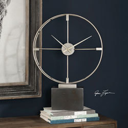 Table Clock - Metal And Stone, 14x14x4 Inches, Antiqued Silver, Quartz Movement, Black Marble Base