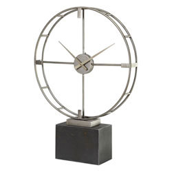 Table Clock - Metal And Stone, 14x14x4 Inches, Antiqued Silver, Quartz Movement, Black Marble Base