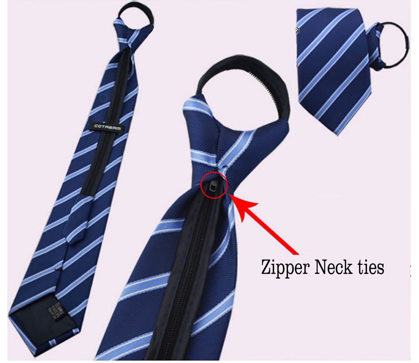 Zipper Tie - 100% Silk, 50 Cm Length, Solid Navy Blue, Shiny Finish | Ideal For Weddings, Offices, Adjustable Design, Unisex Style