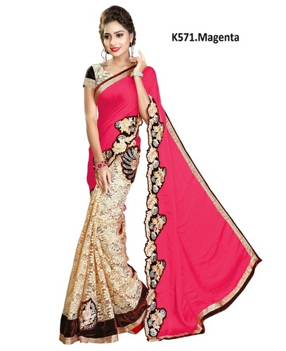 मल्टीकलर साटन और रसल नेट हाफ एन हाफ एम्ब्रॉयडरी साड़ी कलेक्शन