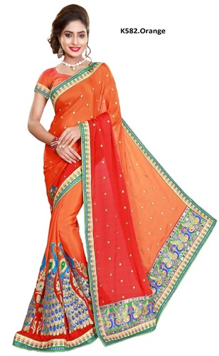 ऑरेंज पीकॉक एम्ब्रॉएडर्ड साटन साड़ी