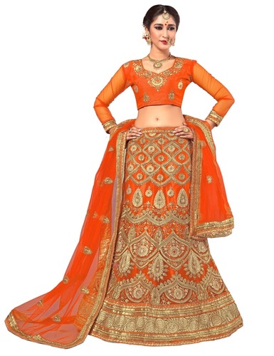 Orange Embroidered Semi Stitched Wedding Lehenga Choli