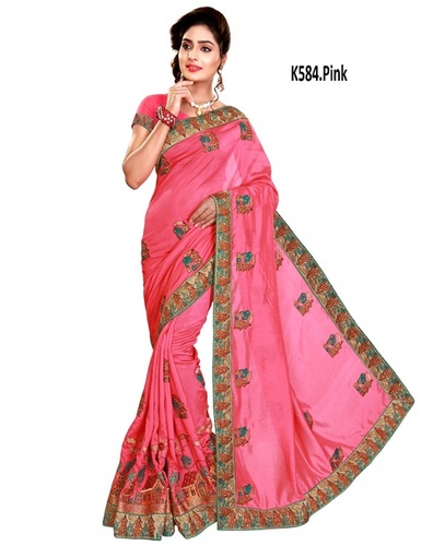 Pretty Embroidery Work Satin Saree - 5.5 Mtr Length, Pink Color | Unstitched Dupion Silk Blouse, Lace Border Detail, Festive Wear