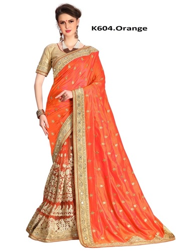 ऑरेंज हाफ एंड हाफ हैवी एम्ब्रॉएडर्ड सिल्क साड़ी कलेक्शन
