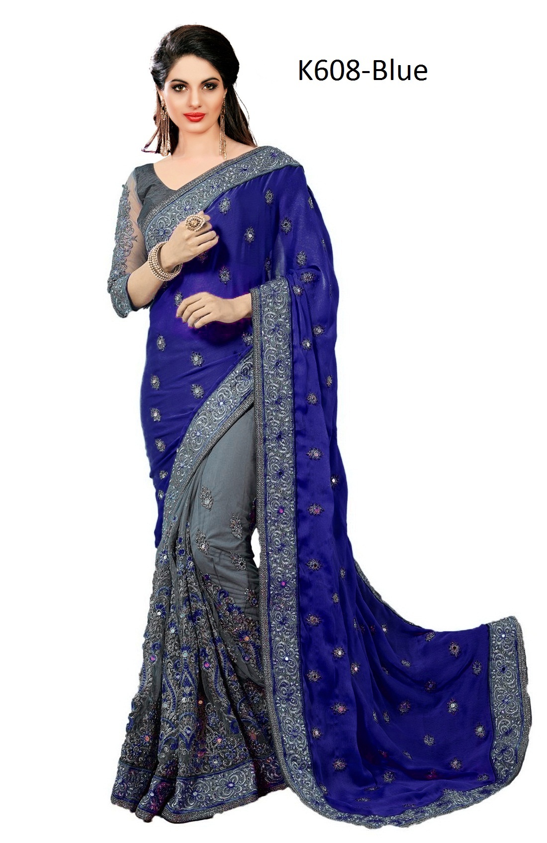 Half & Half Embroidered Satin & Net Saree - 5.5 Mtr Length, Red Color | Unstitched Dupion Blouse, Festival Ready With Stone & Mirror Work