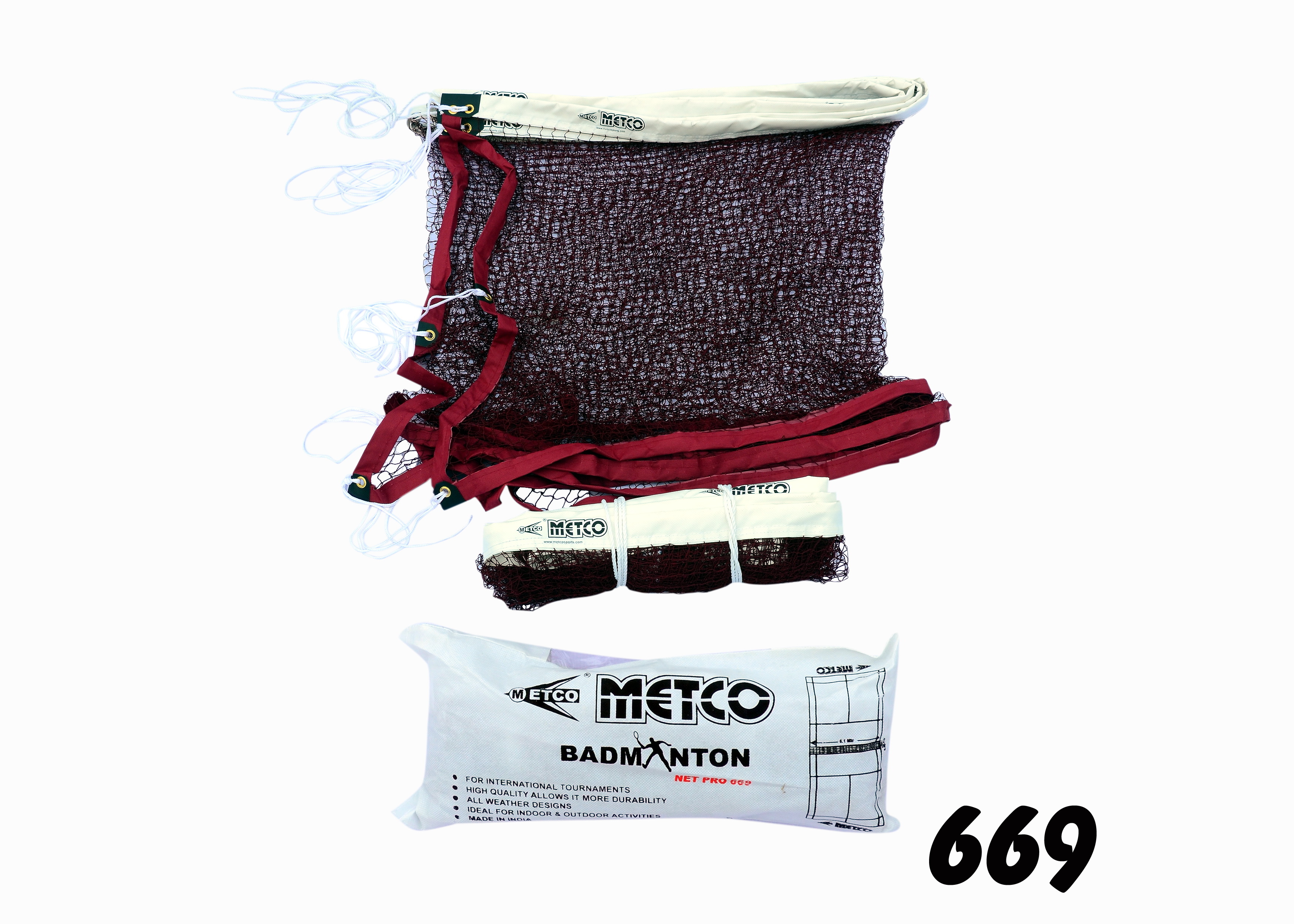 Badminton Nylon Net - Durable Nylon With Small Mesh, Brown And White Pvc Coated Fabric, Brass Eyelets And Tie Cords