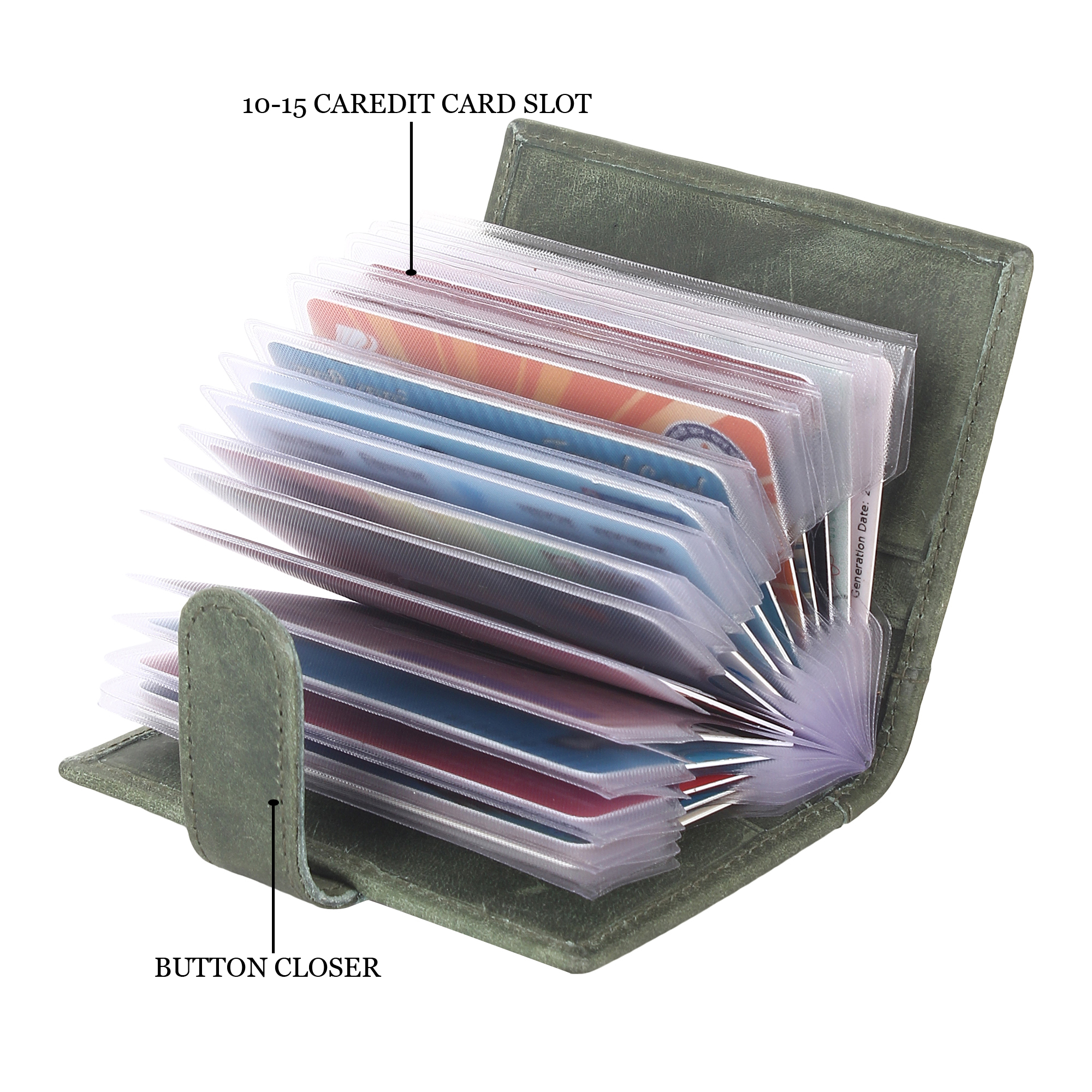 Genuine Leather Wallet - 4 Inches X 3 Inches, Green Snap Closure With 6 Card Slots And 1 Cash Pocket