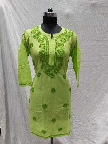 Peacock Green Cotton Kashmiri Chikankari Long Kurti