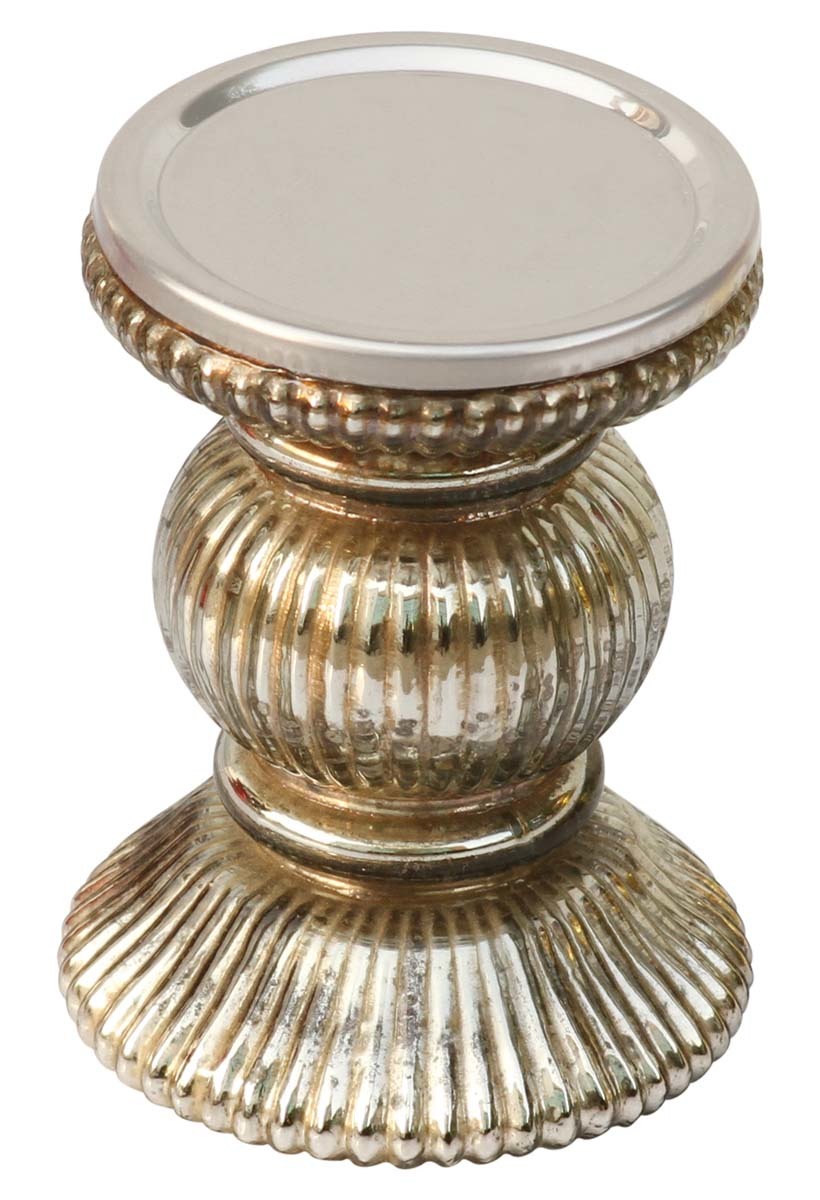 Pillar Candle Stand - Glass Material, 4 Inches Size, Silver Color | Elegant Ribbed Design, Classic And Modern Style, Decorative For Indoor Use